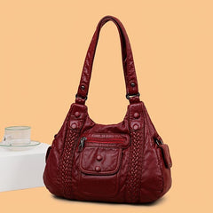 Vintage Faux Leather Hobo Bag With Pockets Women's Handbag