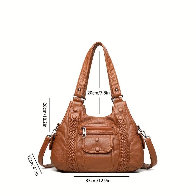 Vintage Faux Leather Hobo Bag With Pockets Women's Handbag