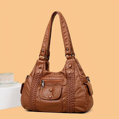 Vintage Faux Leather Hobo Bag With Pockets Women's Handbag