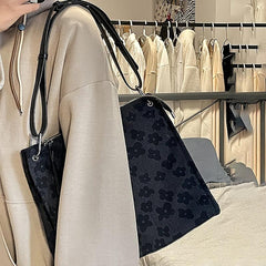 Flower Print Shoulder Tote Bag Zipper Handbag for Work & School