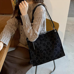 Flower Print Shoulder Tote Bag Zipper Handbag for Work & School