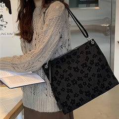 Flower Print Shoulder Tote Bag Zipper Handbag for Work & School