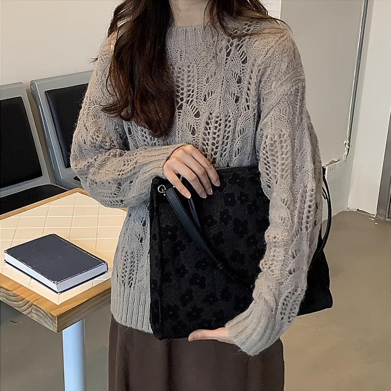 Flower Print Shoulder Tote Bag Zipper Handbag for Work & School