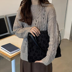 Flower Print Shoulder Tote Bag Zipper Handbag for Work & School
