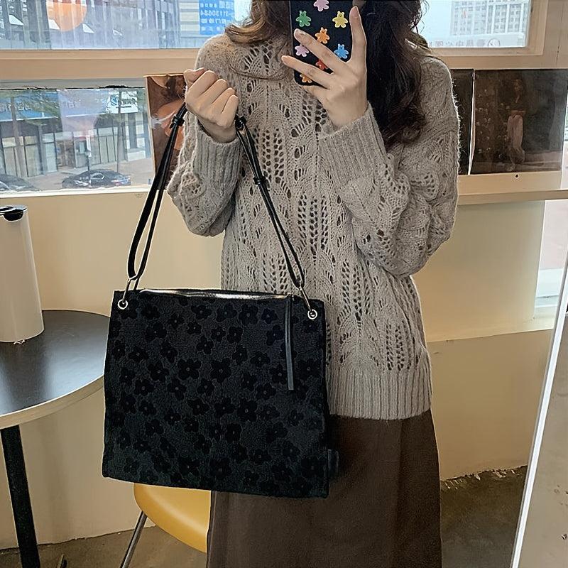 Flower Print Shoulder Tote Bag Zipper Handbag for Work & School