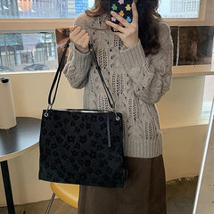 Flower Print Shoulder Tote Bag Zipper Handbag for Work & School