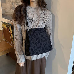 Flower Print Shoulder Tote Bag Zipper Handbag for Work & School