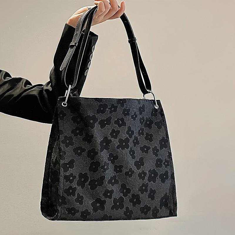 Flower Print Shoulder Tote Bag Zipper Handbag for Work & School