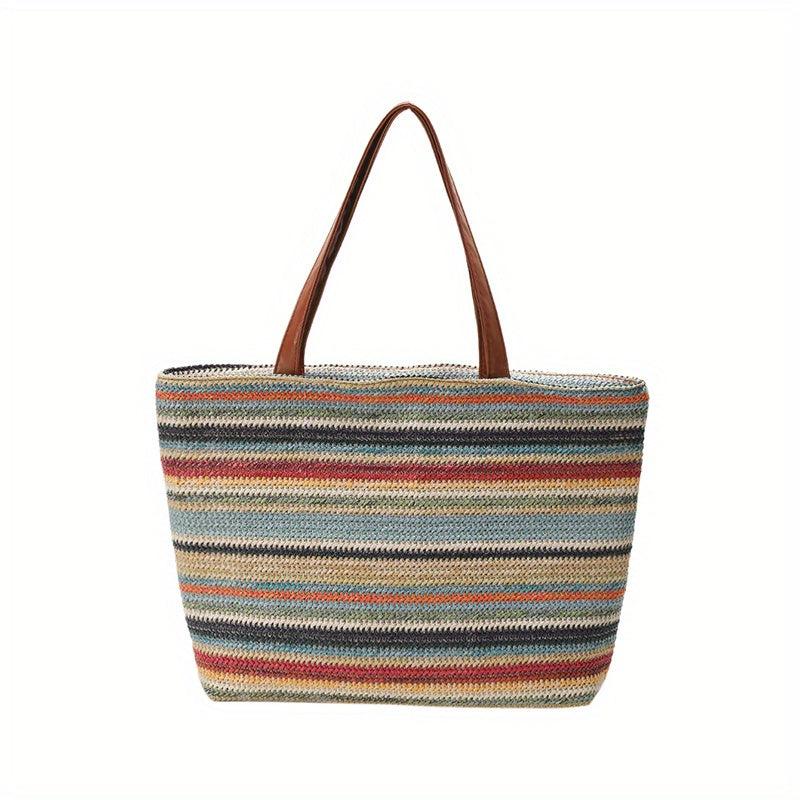 Striped Woven Summer Beach Bag Boho Style Handbag For Travel