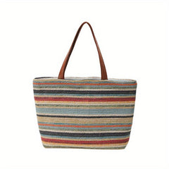 Striped Woven Summer Beach Bag Boho Style Handbag For Travel