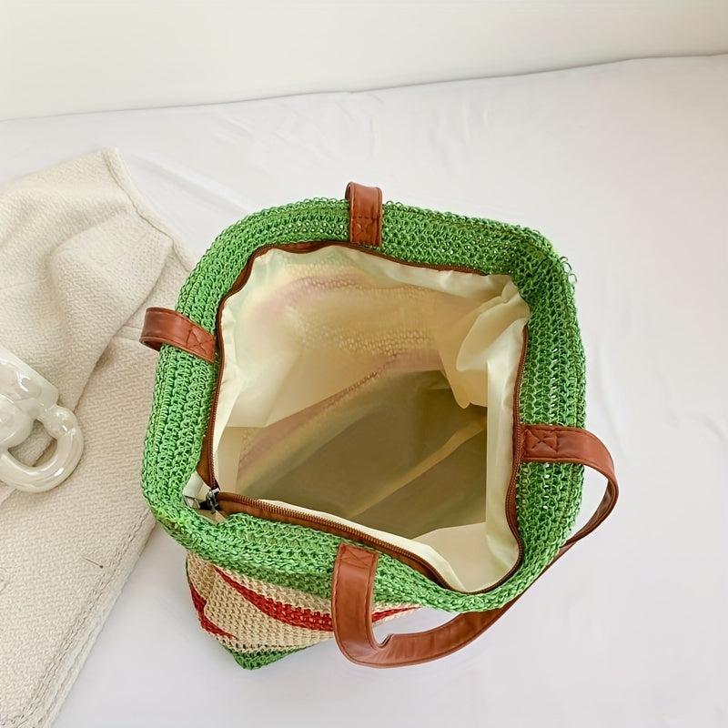Striped Woven Summer Beach Bag Boho Style Handbag For Travel