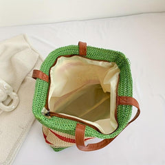 Striped Woven Summer Beach Bag Boho Style Handbag For Travel
