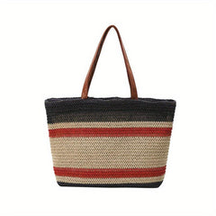Striped Woven Summer Beach Bag Boho Style Handbag For Travel