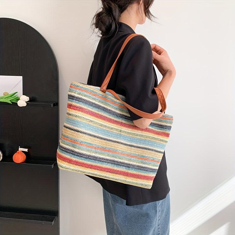 Striped Woven Summer Beach Bag Boho Style Handbag For Travel