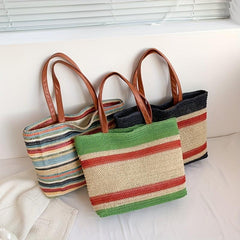 Striped Woven Summer Beach Bag Boho Style Handbag For Travel