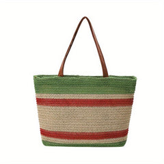 Striped Woven Summer Beach Bag Boho Style Handbag For Travel