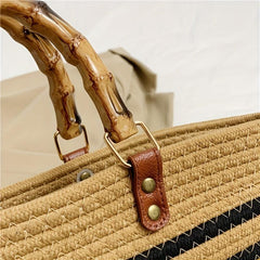 Striped Woven Tote Bag Bamboo Handle Large Capacity Handbag