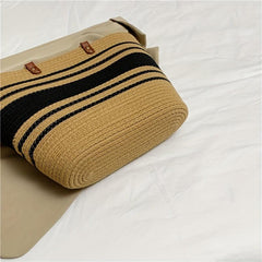 Striped Woven Tote Bag Bamboo Handle Large Capacity Handbag