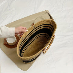 Striped Woven Tote Bag Bamboo Handle Large Capacity Handbag