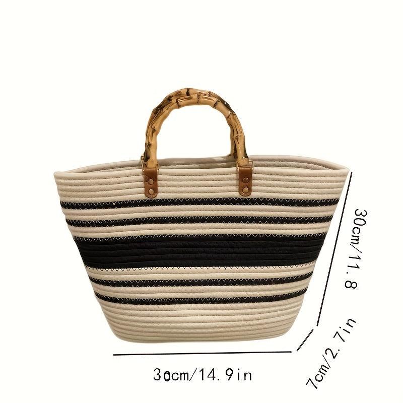 Striped Woven Tote Bag Bamboo Handle Large Capacity Handbag