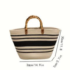 Striped Woven Tote Bag Bamboo Handle Large Capacity Handbag