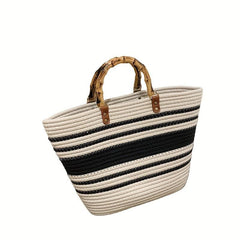 Striped Woven Tote Bag Bamboo Handle Large Capacity Handbag