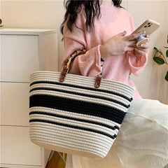 Striped Woven Tote Bag Bamboo Handle Large Capacity Handbag