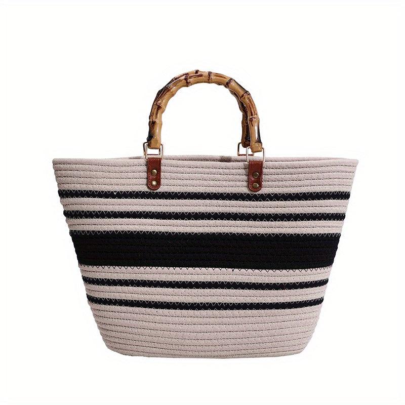 Striped Woven Tote Bag Bamboo Handle Large Capacity Handbag