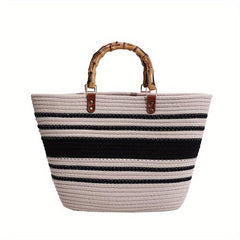 Striped Woven Tote Bag Bamboo Handle Large Capacity Handbag