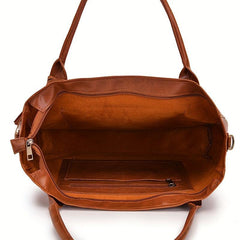Brown Large Capacity Tote Bag Faux Leather Tassel Decor Travel Handbag
