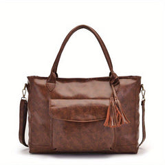 Brown Large Capacity Tote Bag Faux Leather Tassel Decor Travel Handbag