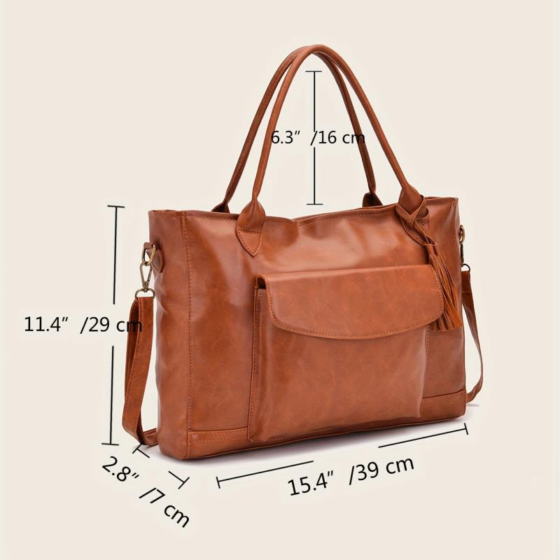 Brown Large Capacity Tote Bag Faux Leather Tassel Decor Travel Handbag