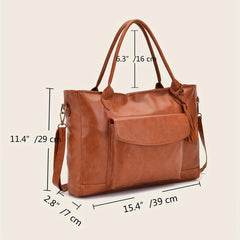 Brown Large Capacity Tote Bag Faux Leather Tassel Decor Travel Handbag