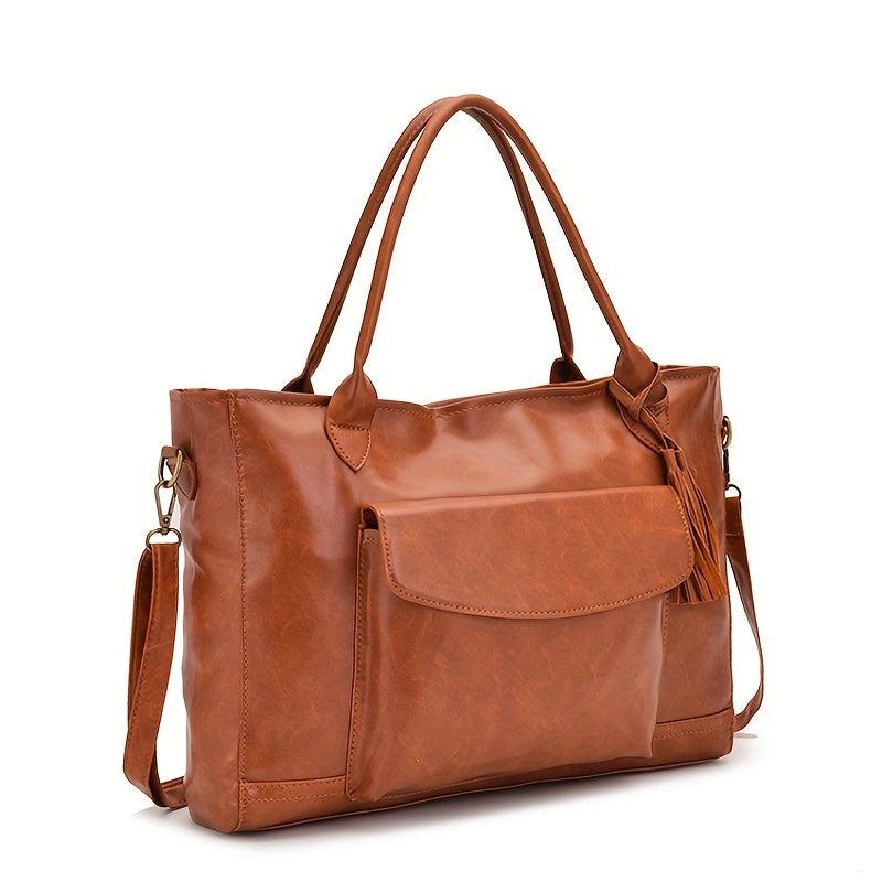 Brown Large Capacity Tote Bag Faux Leather Tassel Decor Travel Handbag