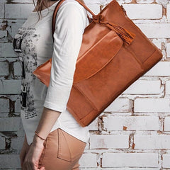 Brown Large Capacity Tote Bag Faux Leather Tassel Decor Travel Handbag