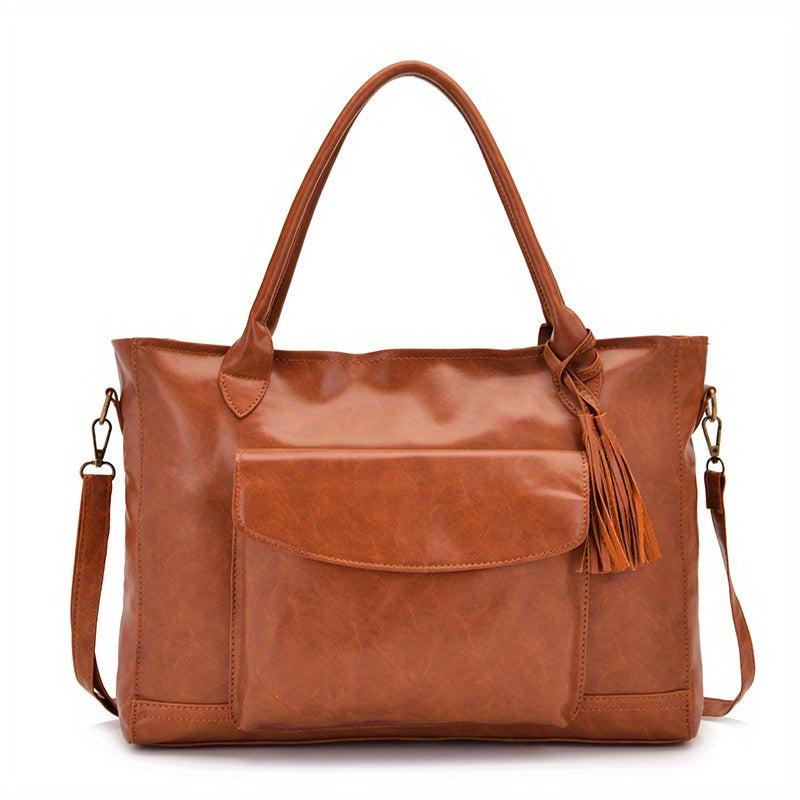Brown Large Capacity Tote Bag Faux Leather Tassel Decor Travel Handbag