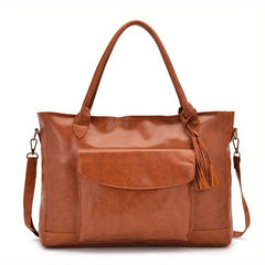 Brown Large Capacity Tote Bag Faux Leather Tassel Decor Travel Handbag