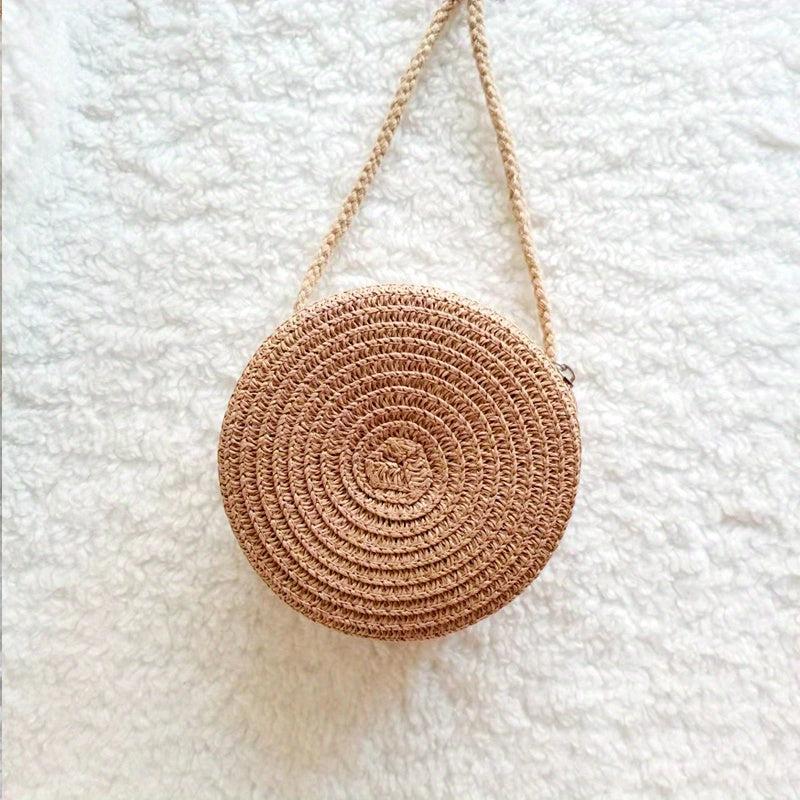 Floral Decor Straw Bag Casual Zipper Round Bag Vacation Style Shoulder Bag