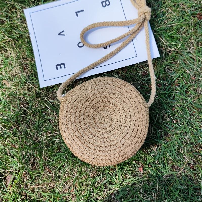 Floral Decor Straw Bag Casual Zipper Round Bag Vacation Style Shoulder Bag