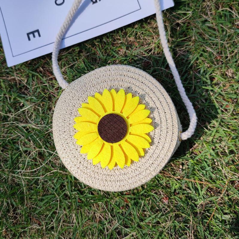 Floral Decor Straw Bag Casual Zipper Round Bag Vacation Style Shoulder Bag