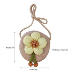 Floral Decor Straw Bag Casual Zipper Round Bag Vacation Style Shoulder Bag