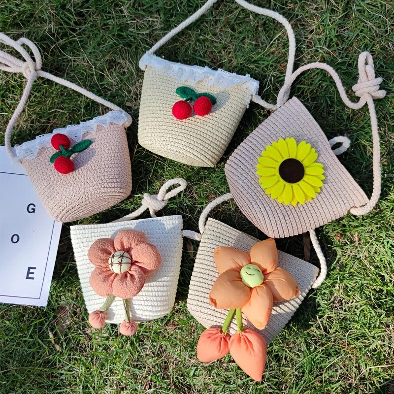 Floral Decor Straw Bag Casual Zipper Round Bag Vacation Style Shoulder Bag