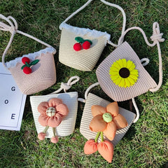 Floral Decor Straw Bag Casual Zipper Round Bag Vacation Style Shoulder Bag