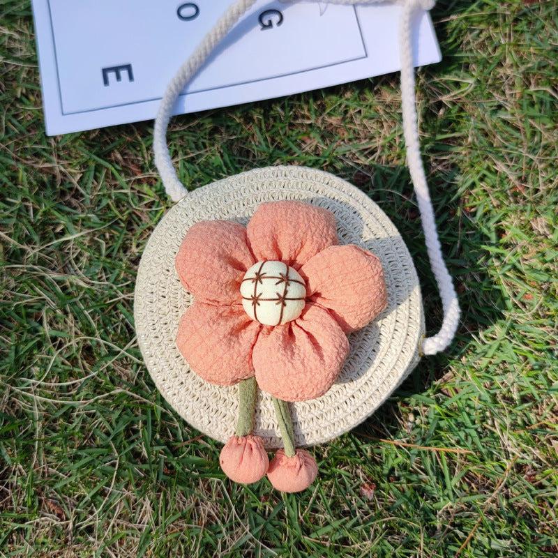 Floral Decor Straw Bag Casual Zipper Round Bag Vacation Style Shoulder Bag