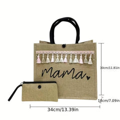 Large Capacity Canvas Tote Bag With Wristlet Tassel