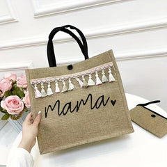 Large Capacity Canvas Tote Bag With Wristlet Tassel