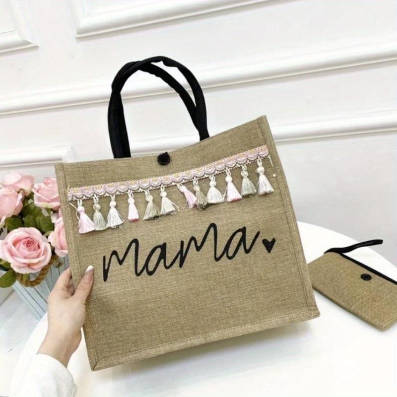 Large Capacity Canvas Tote Bag With Wristlet Tassel