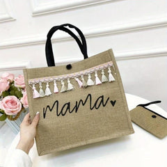 Large Capacity Canvas Tote Bag With Wristlet Tassel