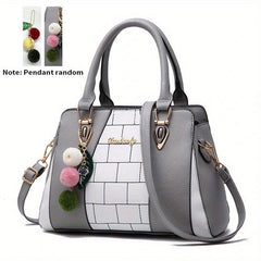 Pom Pom Decor Zipper Tote Bag PU Leather Handbag