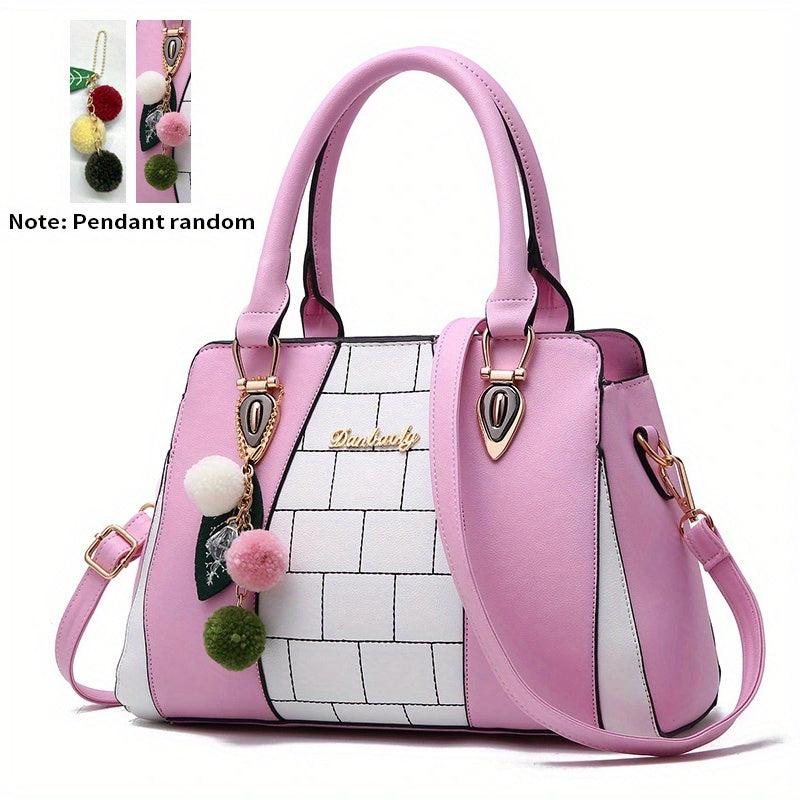 Pom Pom Decor Zipper Tote Bag PU Leather Handbag